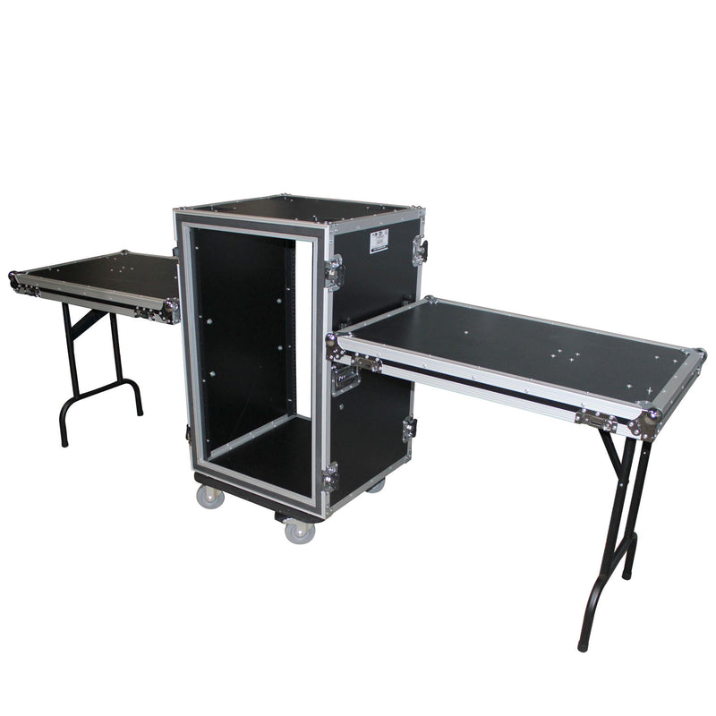ProX T-16RSP24DST Boîtier d'ampli/rack vertical antichoc 16U avec deux tables latérales et 4 roulettes