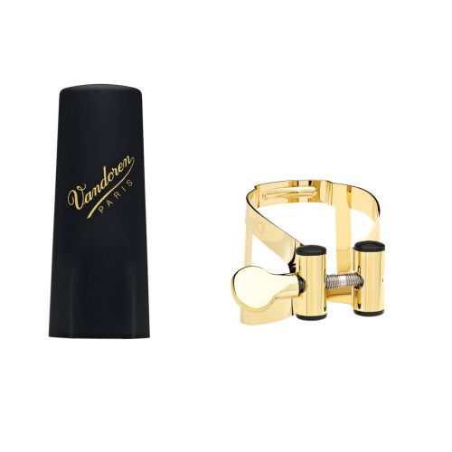 Vandoren LC58DP M/O Ligature and Plastic Cap for Tenor Saxophone; Gilded Finish - Red One Music