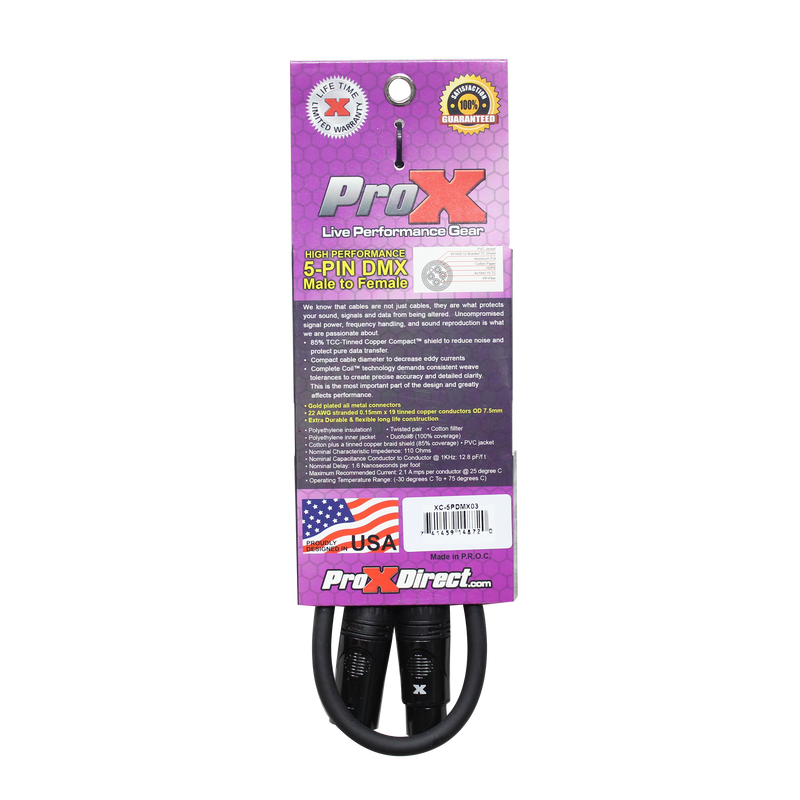 ProX XC-5PDMX03 3 Ft. DMX XLR5-M to XLR5-F High Performance Cable