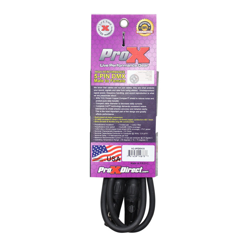 ProX XC-5PDMX05 5 Ft. DMX XLR5-M to XLR5-F High Performance Data Cable