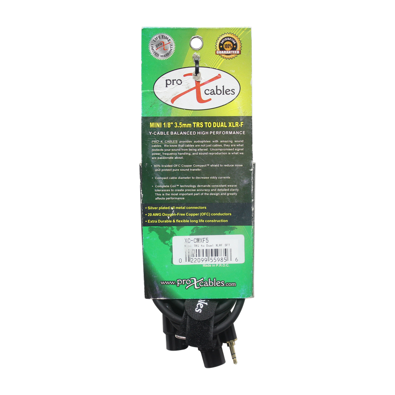 ProX XC-CMXF5 Unbalanced 3.5mm Mini TRS-M to Dual XLR-F High Performance Audio Y Cable - 5 Ft.