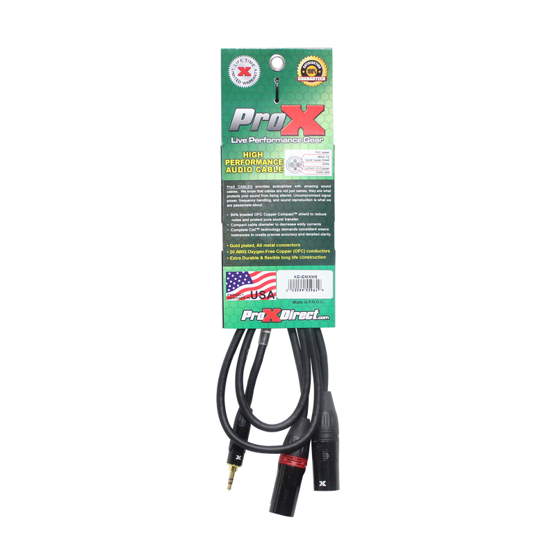 ProX XC-CMXM5 3.5mm Mini TRS Male to Dual XLR Male High Performance Audio Y Cable - 5 Foot