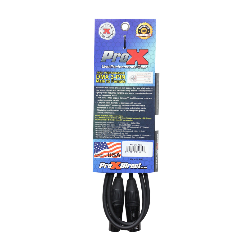 ProX XC-DMX05 5 Ft. DMX XLR3-M to XLR3-F High Performance Cable