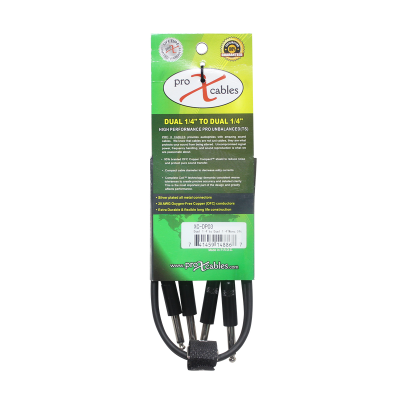 ProX XC-DP03 Unbalanced Dual 1/4" TS-M to Dual 1/4" TS-M High Performance Audio Cable - 3 Ft.