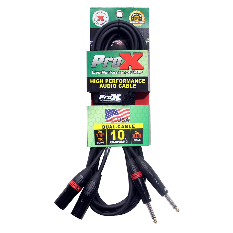ProX XC-DPXM10 10 Ft. Unbalanced Dual 1/4" TS-M to Dual XLR-M High Performance Audio Cable