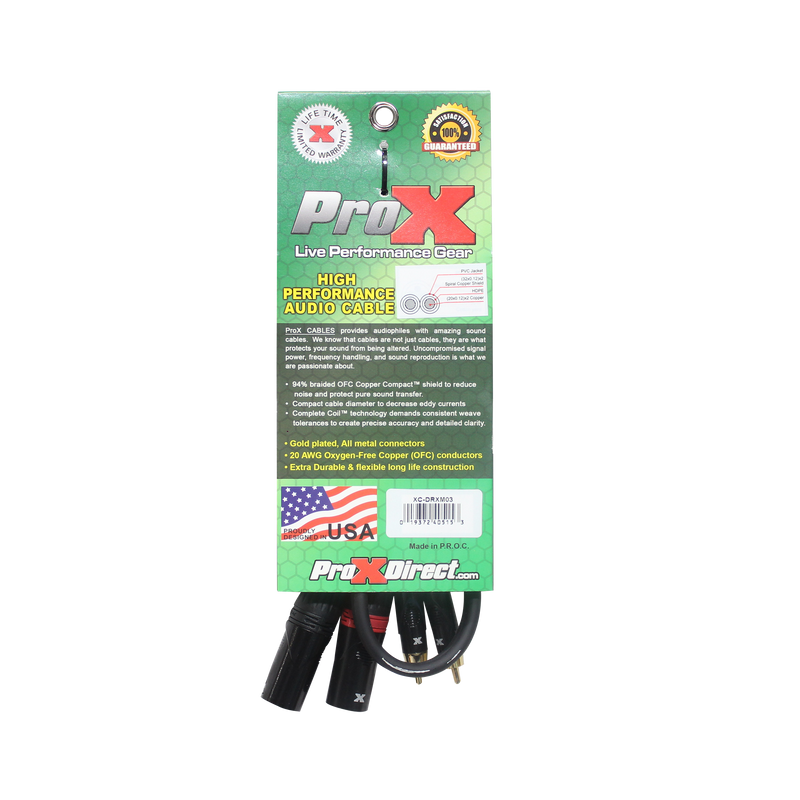 ProX XC-DRXM03 3 pi. Câble audio asymétrique double RCA-M vers double XLR3-M haute performance
