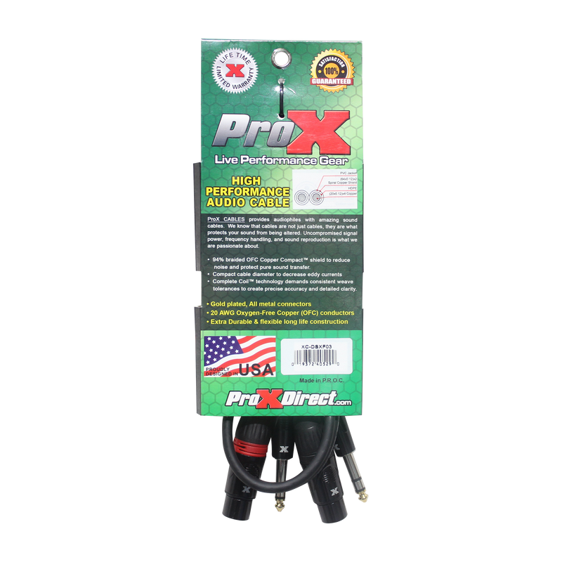 ProX XC-DSXF03 3 pi. Câble audio symétrique double 1/4" TRS-M vers double XLR3-F haute performance