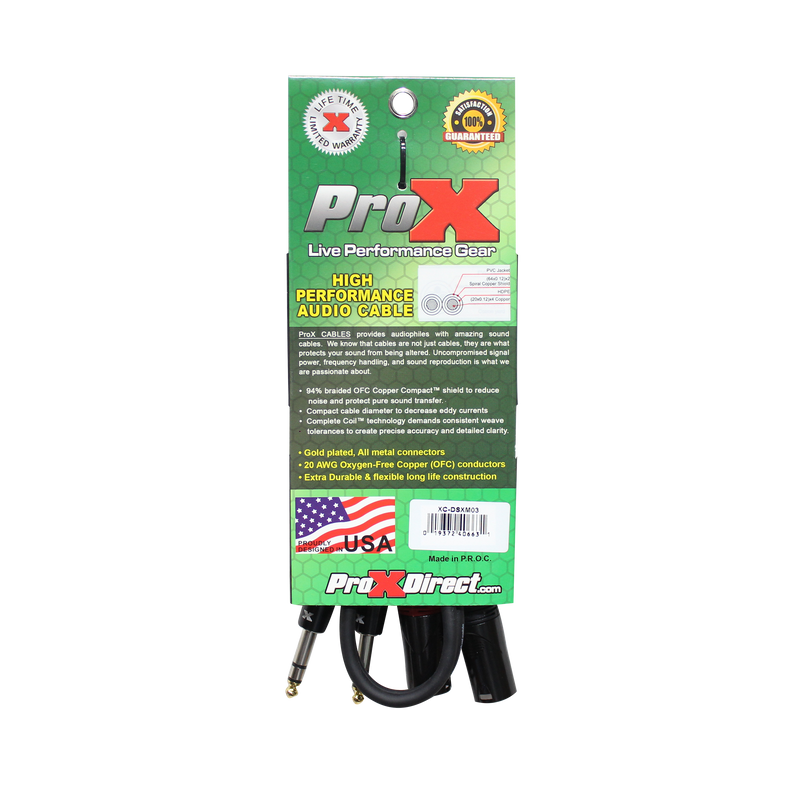 ProX XC-DSXM03 3 Ft. Balanced Dual 1/4" TRS-M to Dual XLR3-M High Performance Audio Cable