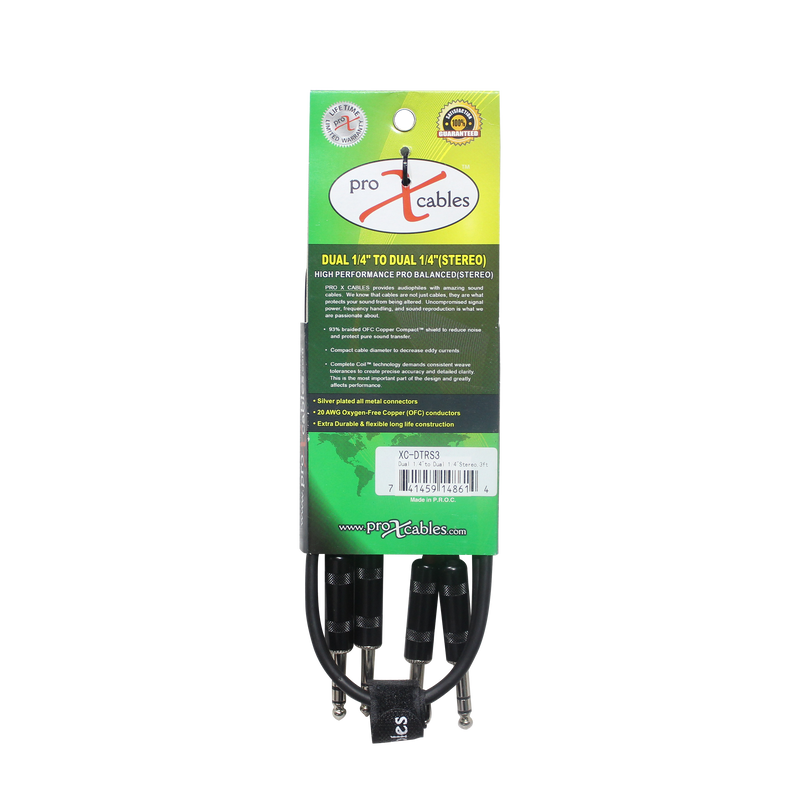 ProX XC-DTRS3 Balanced Dual 1/4" TRS to Dual 1/4" TRS High Performance Audio Cable - 3 Ft.