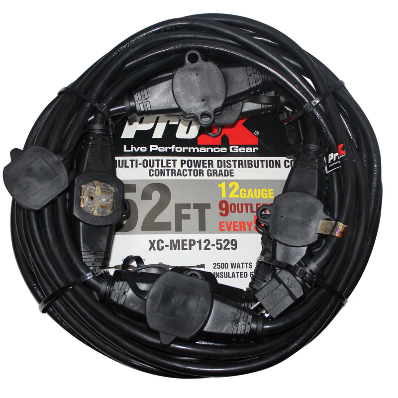 ProX XC-MEP12-529 12/3AWG 120VAC Male to 9 Female Socket Outlets Black Power-Extension Cord W-Covers - 52ft