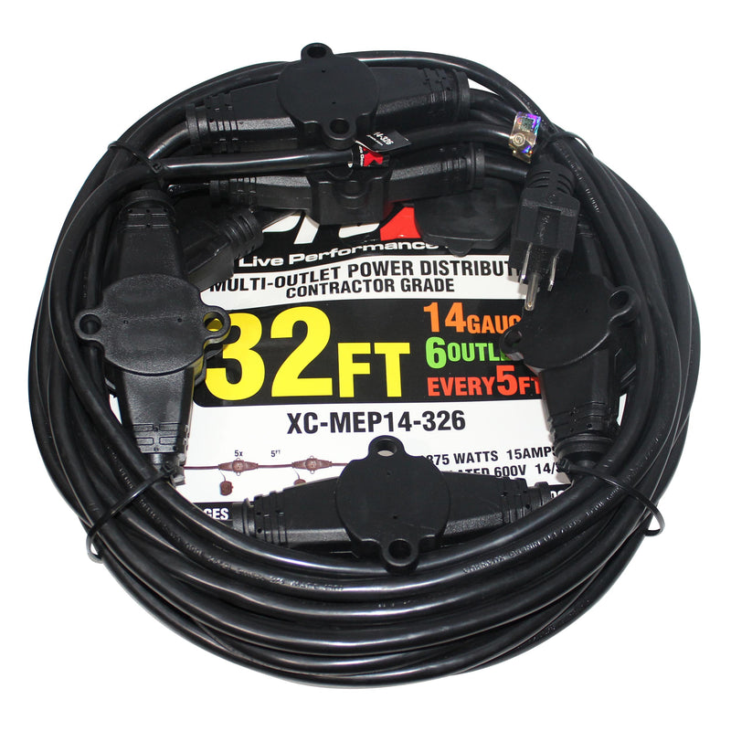 ProX XC-MEP14-326 MK2 110V Male to 6 Socket 110v Female Power Cord 6 Outlet 14/3 Extension Cord (Black) - 32ft