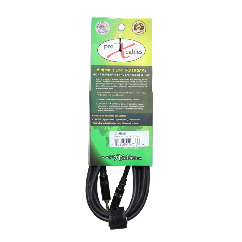 ProX XC-MM10 Balanced TRS-M Mini 1/8" to TRS-M Mini 1/8" High Performance Audio Cable - 10 Ft.