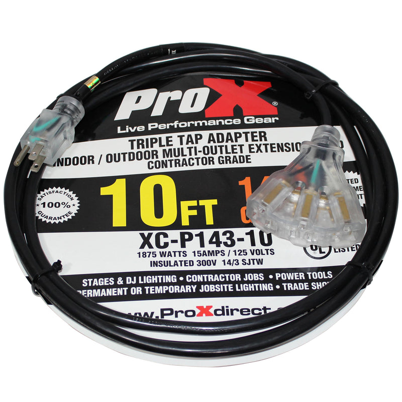 ProX XC-P143-10 120VAC NEMA 15 Male to 3 Socket Female Power-Extension Cord 14 AWG - 10ft