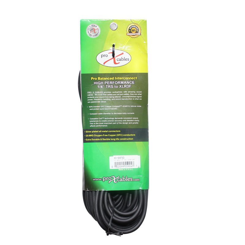 ProX XC-SXF50 50 Ft. Balanced 1/4" TRS-M to XLR3-F High Performance Audio Cable