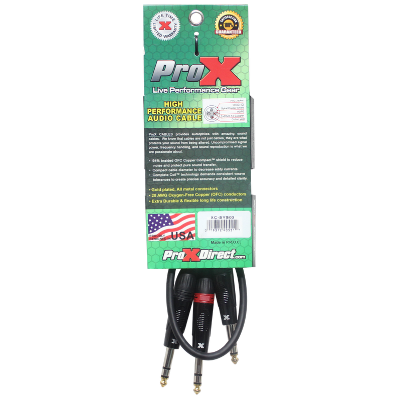 ProX XC-SYS03 1/4" TRS-M to Dual 1/4" TRS-M High Performance Audio Cable - 3 Ft.