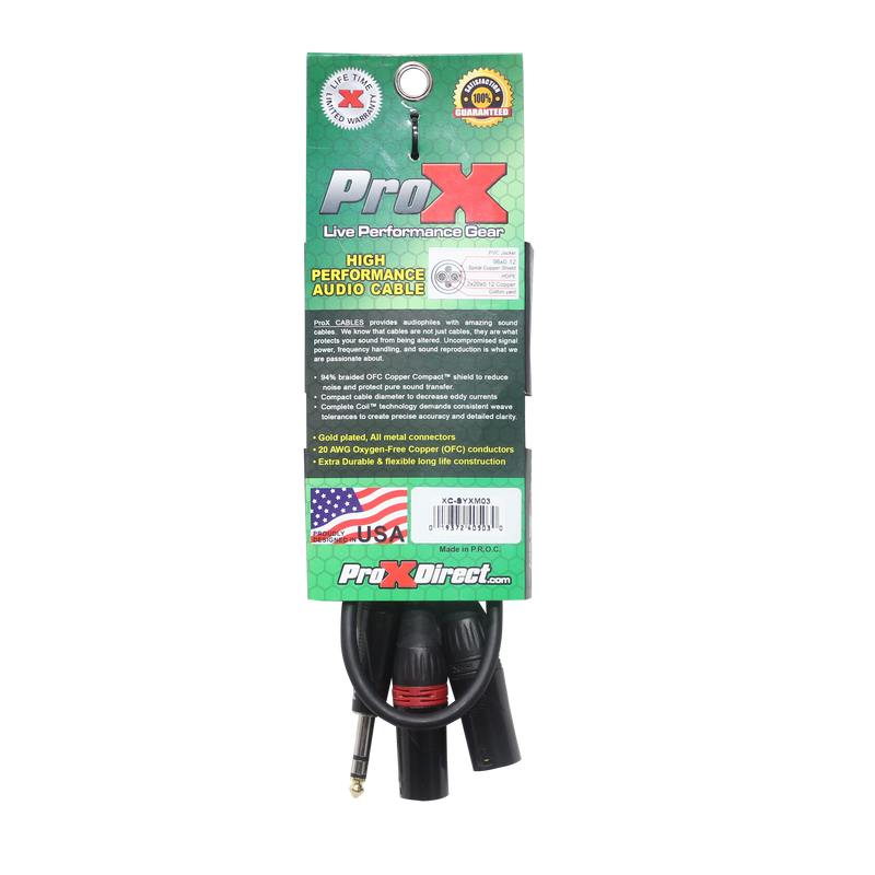 ProX XC-SYXM03 Câble Y haute performance 1/4" TRS-M stéréo vers double XLR3-M - 3 pi.