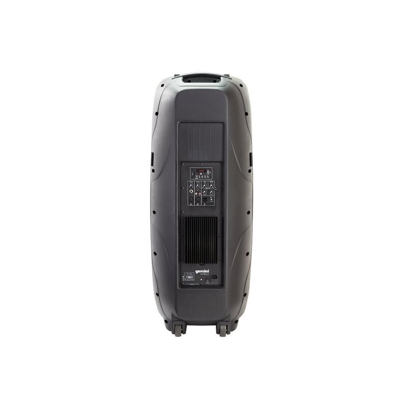 Gemini AS-215BLU-LT Haut-parleur de sonorisation alimenté 3 000 watts, caisson de basses dynamique LED Lightshow, Bluetooth, USB, SD, radio FM, égaliseur 2 bandes - 2 x 15"