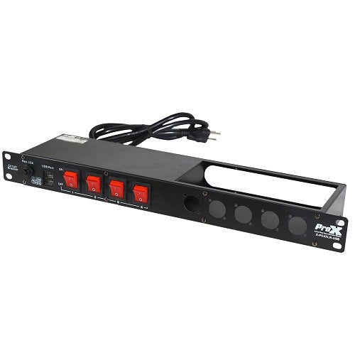 ProX X-PC4XLR-USB 1U 15Amp Circuit 4CH Panneau de commutation W-2 USB et 5 espaces XLR perforés
