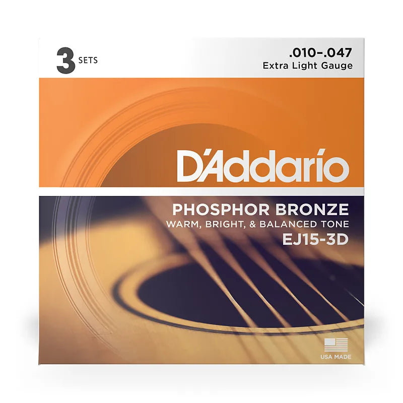 D'Addario EJ15-3D 3 Pack EJ Phosphor Bronze Acoustic Guitar Strings X-Lite 10-47