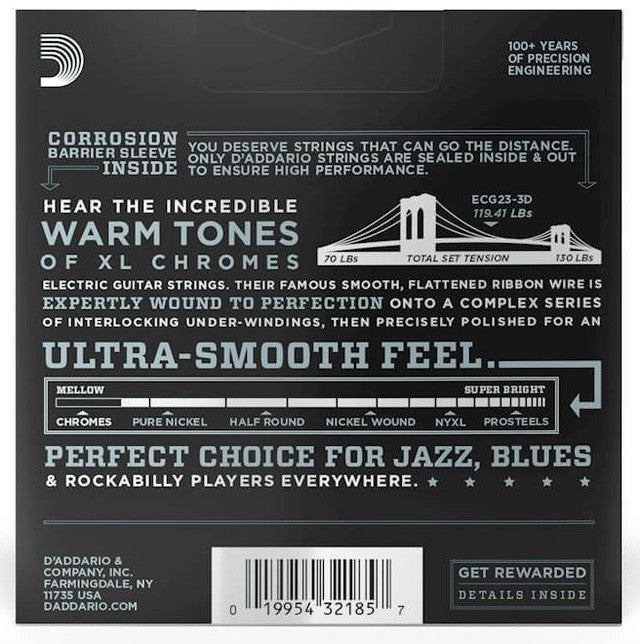 D'Addario ECG23-3D 3 Pack Chromes Flat Wound Electric Guitar Strings Extra Light 10-48