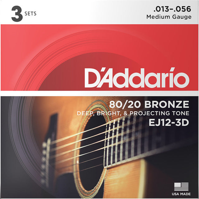 D'Addario EJ12-3D 3 PACK EJ 80/20 BRONZE ACUSTIC GUITATES CORDES MIDE 13-56