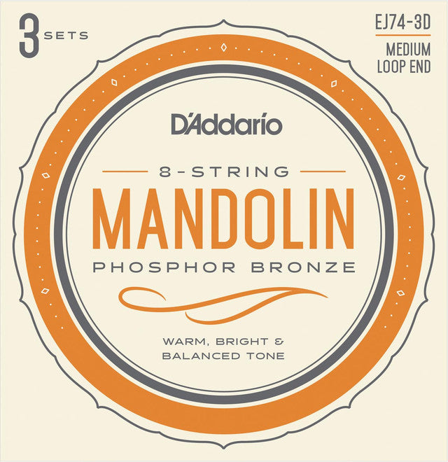 D'Addario EJ74-3D 3-Pack Phosphor Bronze Mandolin Strings Loop End Medium 11-40