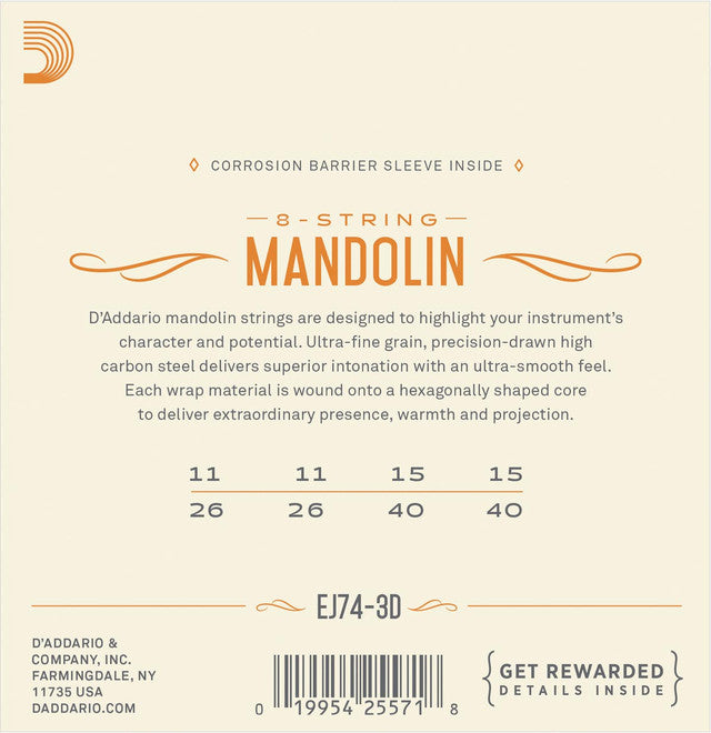 D'Addario EJ74-3D 3-Pack Phosphor Bronze Mandolin Strings Loop End Medium 11-40