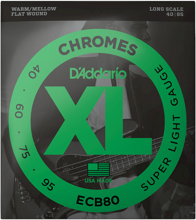 D'Addario ECB80 Long Scale Chromes Flat Wound Electric Bass Strings Super Light 40-95