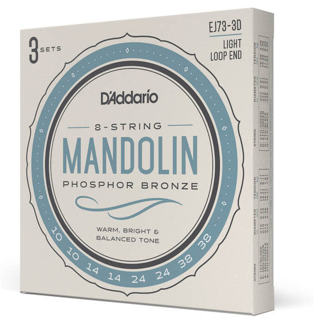 D'Addario EJ73-3D 3-Pack Phosphor Bronze Mandolin Strings Loop End Light 10-38