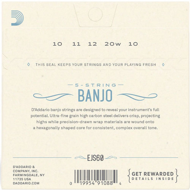 D'Addario EJS60 Lampe à cordes banjo à 5 cordes en acier inoxydable
