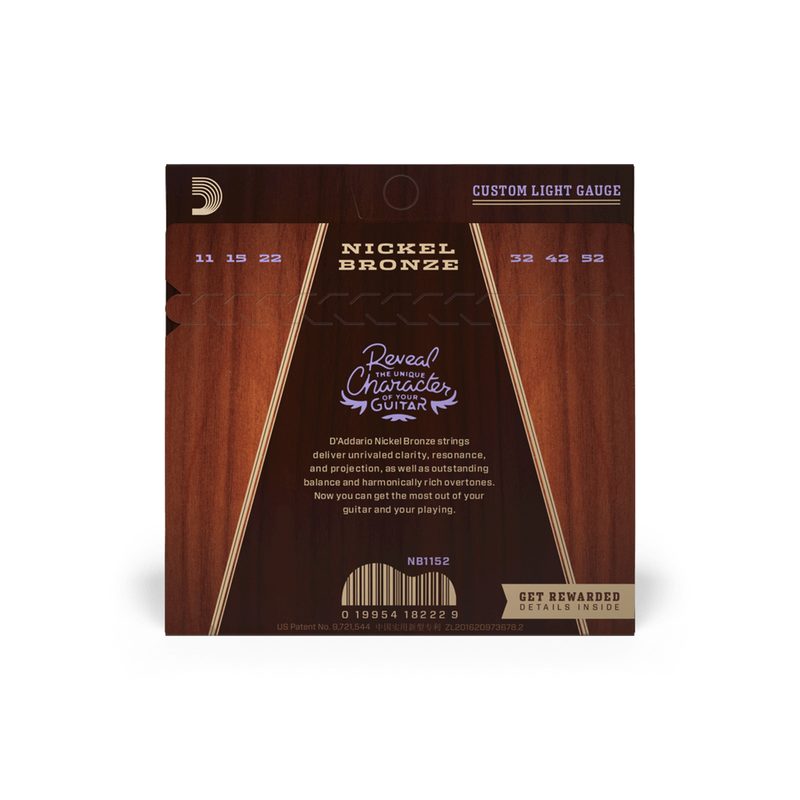 D'Addario NB1152 Cordes de guitare acoustique en bronze nickelé Custom Light 11-52