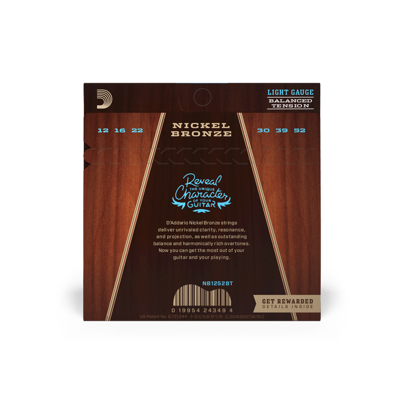 D'Addario NB1252BT Nickel Bronze Acoustic Guitar Strings Balanced Tension Light 12-52
