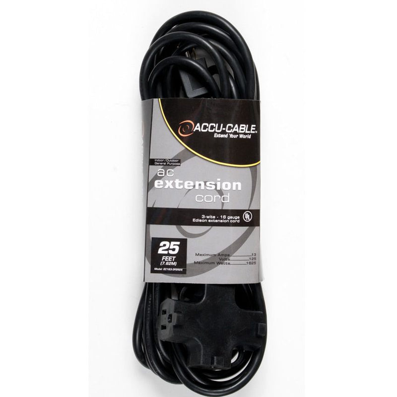 American DJ EC163-3FER25 Accu-Cable AC Rallonge avec trois prises 16 AWG (Noir) – 25'