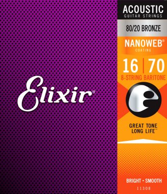Elixir 11308 Nanoweb enduit 80/20 Bronze guitare baryton acoustique 8 cordes - .016-.070