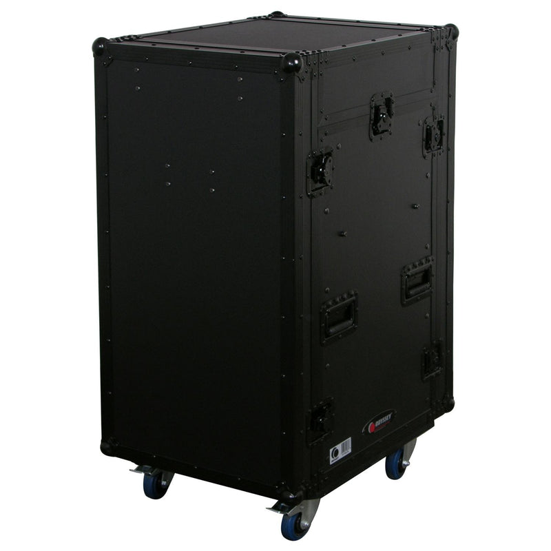 Odyssey FZ1116WDLXBL - Black 11U Top Slanted 16U Vertical Pro Combo Rack with Side Table and Casters