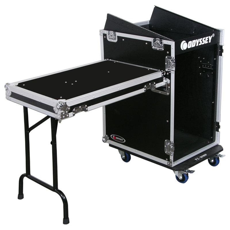 Odyssey FZ1316WDLX - Deluxe 13U Top Slanted 16U Bottom Vertical Pro Combo Rack with Side Table and Casters
