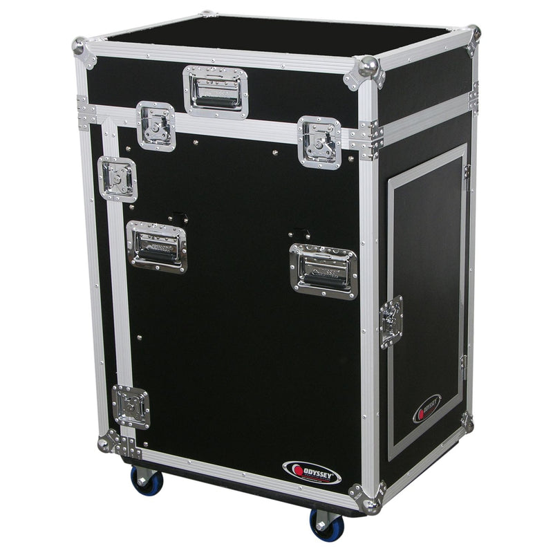 Odyssey FZ1316WDLX - Deluxe 13U Top Slanted 16U Bottom Vertical Pro Combo Rack with Side Table and Casters