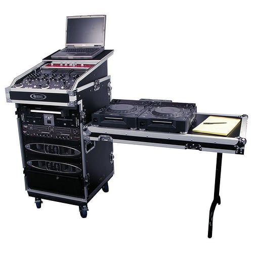 Odyssey FZGS1316WDLX - 13U Top Slanted 16U Bottom Vertical Pro Combo Rack with Casters, Side Table, and Glide Platform