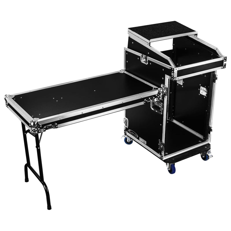 Odyssey FZGS1416WDLX - 14U Top Slanted 16U Bottom Vertical Pro Combo Rack with Casters, Side Table, and Glide Platform