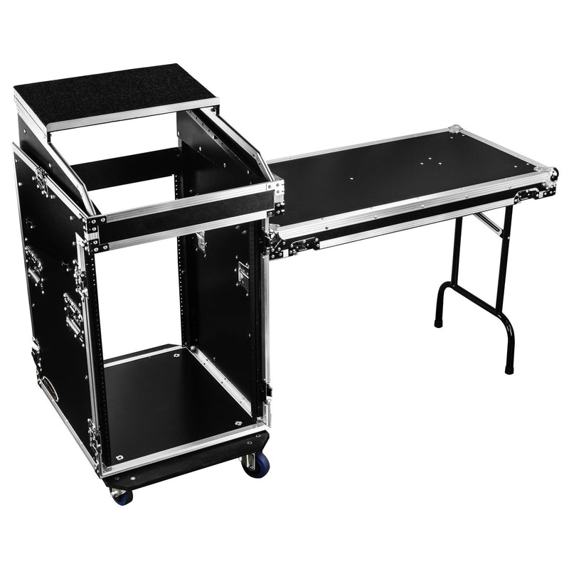 Odyssey FZGS1416WDLX - 14U Top Slanted 16U Bottom Vertical Pro Combo Rack with Casters, Side Table, and Glide Platform