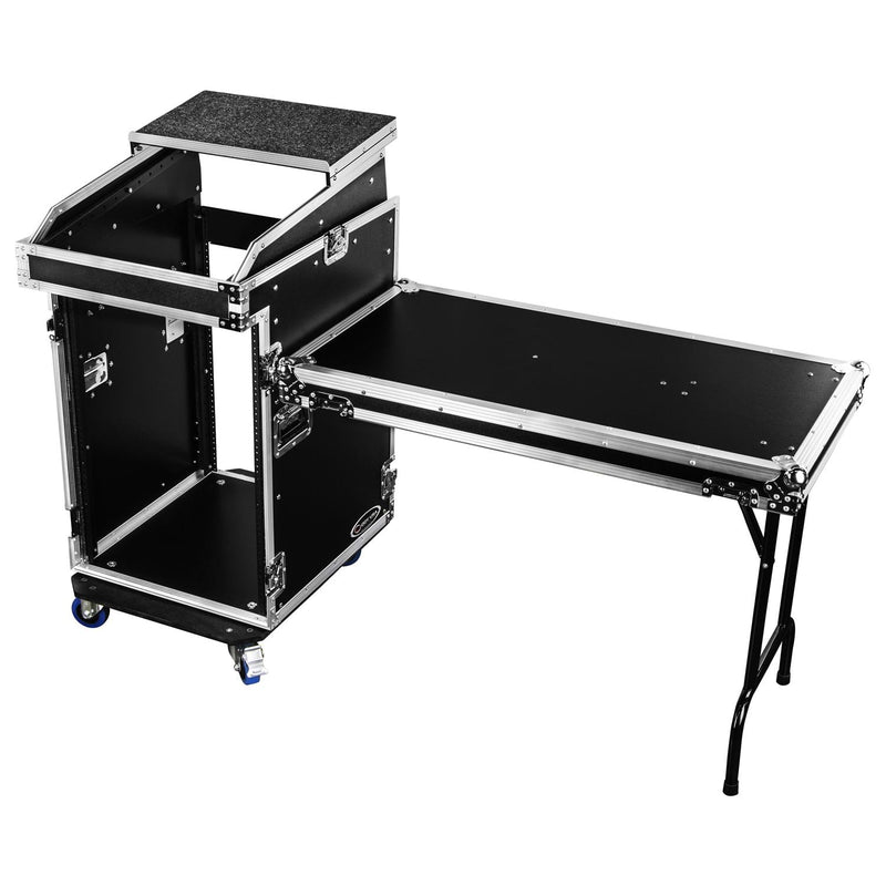 Odyssey FZGS1416WDLX - 14U Top Slanted 16U Bottom Vertical Pro Combo Rack with Casters, Side Table, and Glide Platform