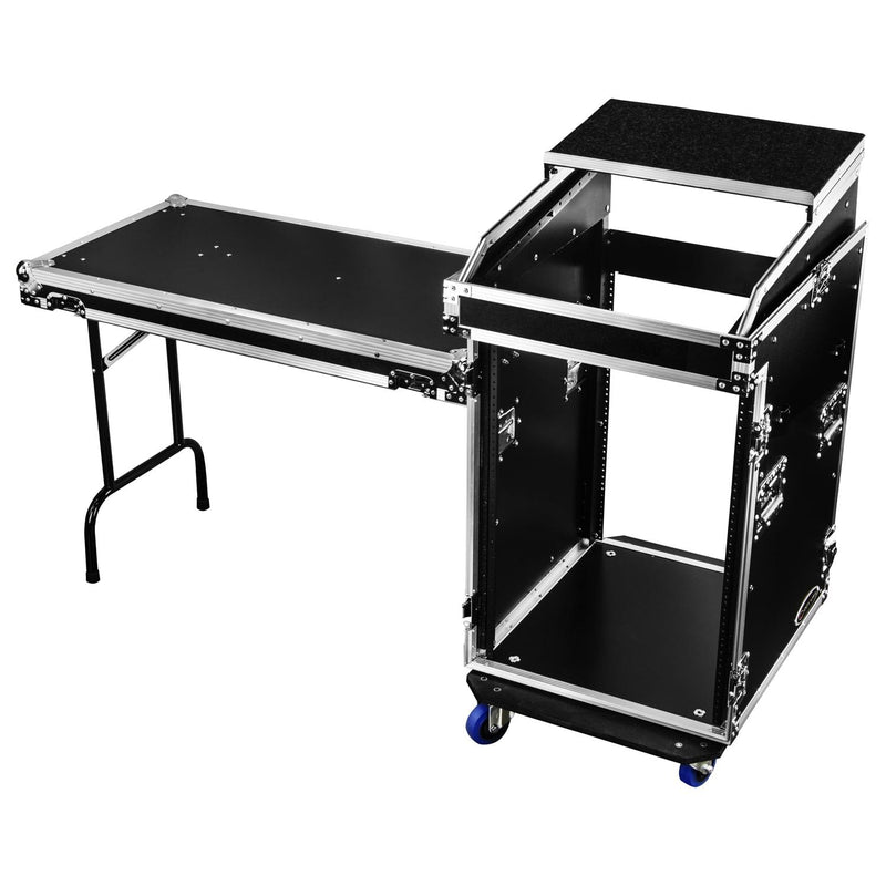 Odyssey FZGS1416WDLX - 14U Top Slanted 16U Bottom Vertical Pro Combo Rack with Casters, Side Table, and Glide Platform