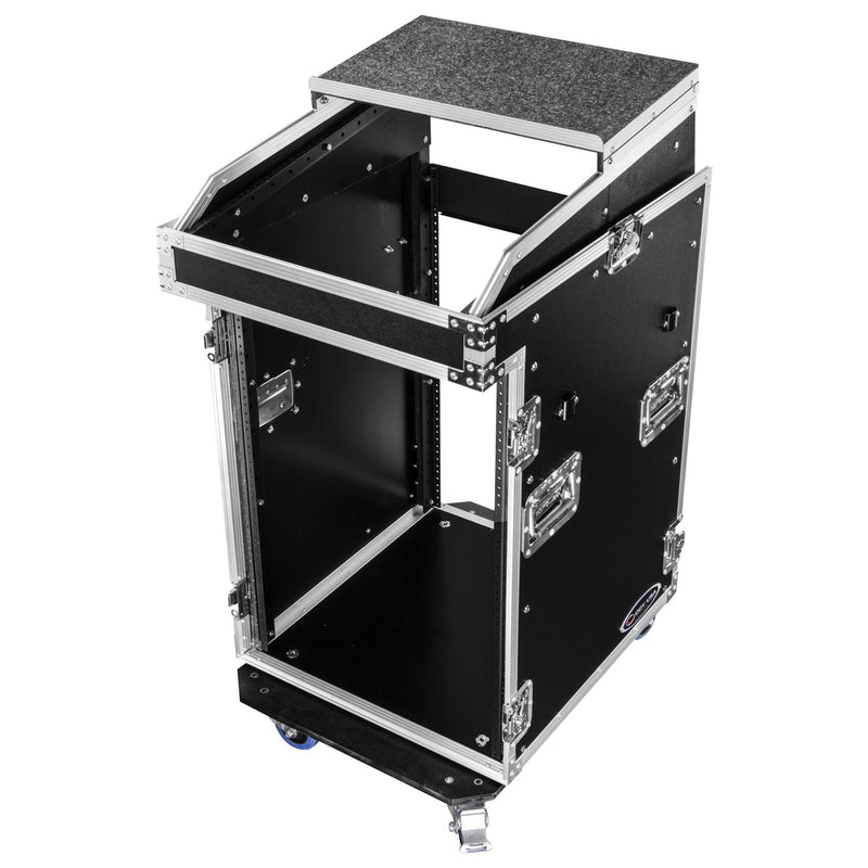 Odyssey FZGS1416WDLX - 14U Top Slanted 16U Bottom Vertical Pro Combo Rack with Casters, Side Table, and Glide Platform