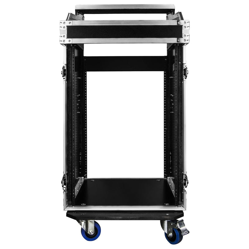 Odyssey FZGS1416WDLX - 14U Top Slanted 16U Bottom Vertical Pro Combo Rack with Casters, Side Table, and Glide Platform