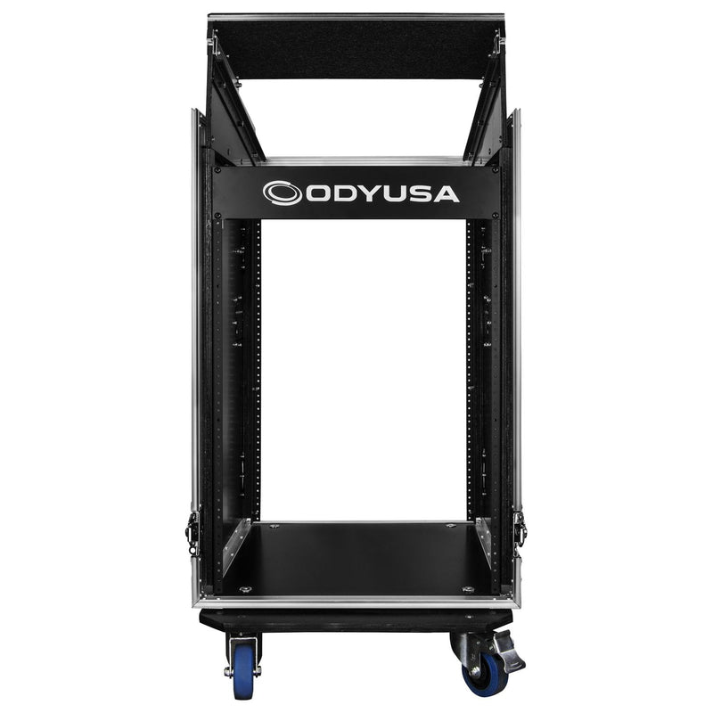 Odyssey FZGS1416WDLX - 14U Top Slanted 16U Bottom Vertical Pro Combo Rack with Casters, Side Table, and Glide Platform