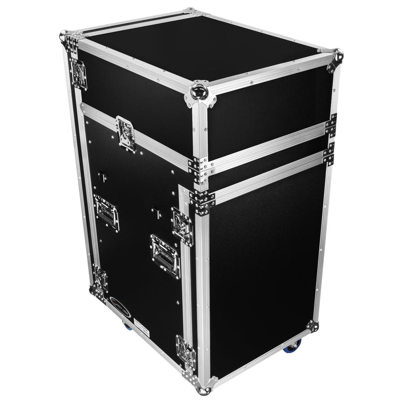 Odyssey FZGS1416WDLX - 14U Top Slanted 16U Bottom Vertical Pro Combo Rack with Casters, Side Table, and Glide Platform
