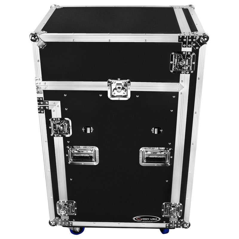 Odyssey FZGS1416WDLX - 14U Top Slanted 16U Bottom Vertical Pro Combo Rack with Casters, Side Table, and Glide Platform