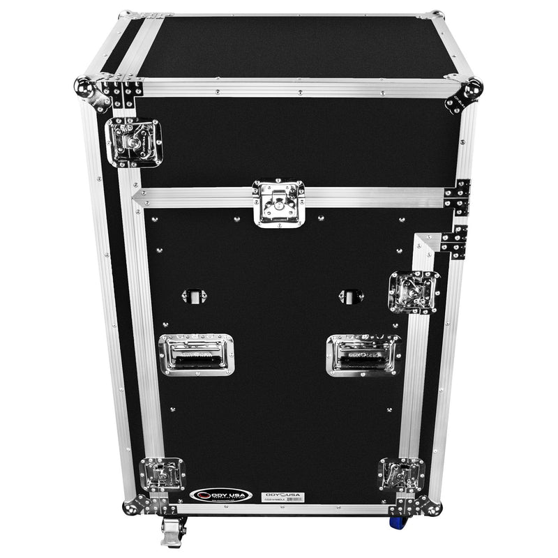 Odyssey FZGS1416WDLX - 14U Top Slanted 16U Bottom Vertical Pro Combo Rack with Casters, Side Table, and Glide Platform