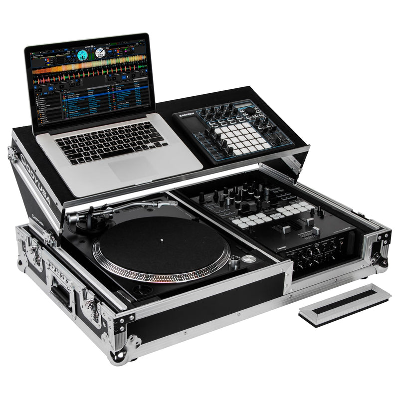 Odyssey FZGS1BM10W Reversible Format DJ Mixer and One Battle Position Turntable Coffin Flight Case w/Glide Platform  - 10″