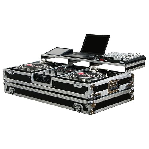 Odyssey FZGSPBM10W Universal Format DJ Mixer and Two Battle Position Turntables Flight Coffin Case w/Full Glide Platform - 10″